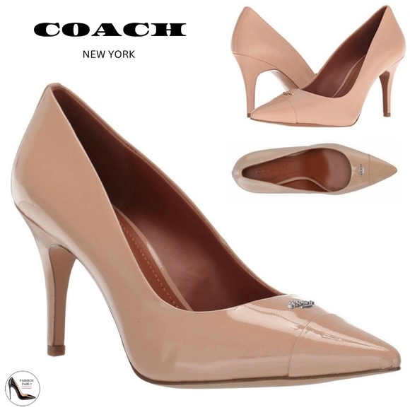 Coach Patrice Patent Leather Nude Pump Stiletto Heel Pointed Toe Signature Shoes - Picture 1 of 8